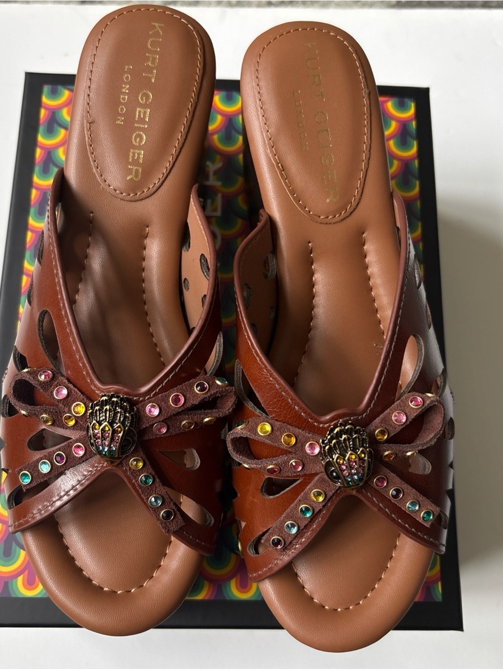 Kurt Geiger London Butterfly Leather Bow Logo Wedge Sandals Dark Brown New-10